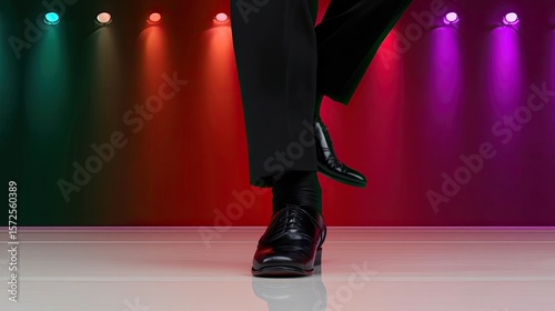 Tap Dancer's Feet Clicking Heels on Polished Stage with Colorful Spotlights