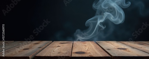 Wallpaper Mural Weathered wooden tabletop, wispy smoke rising against a black backdrop, rustic, dramatic, space Torontodigital.ca