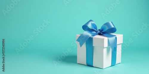 Wallpaper Mural White gift, blue ribbon bow, teal backdrop Compact, charming present , simple, macro Torontodigital.ca
