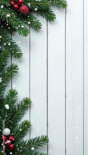 Wallpaper Mural White wooden board, falling snow, lush fir branches, festive backdrop, snow, winter scene, wood Torontodigital.ca