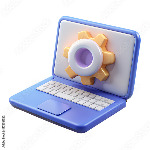 3D White Laptop With Gear Icon Tech Settings Plastic