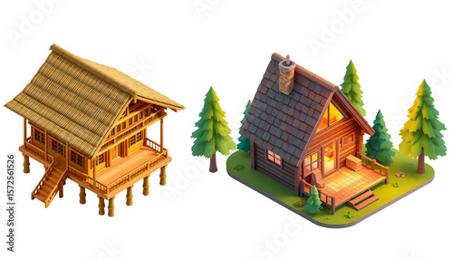 Isometric wooden house and cottage in the forest.