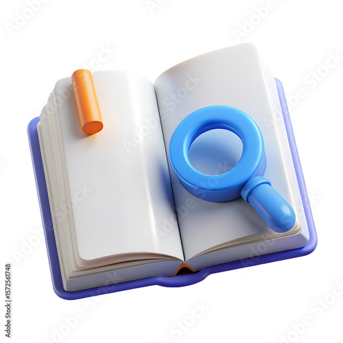 3D White Open Book With Magnifier Icon Learning