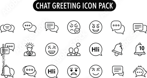 A collection of black and white outline icons related to chat and greetings