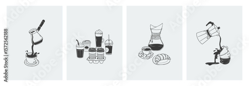 Hand drawn outline posters set of coffee break. Doodle illustrations with cups and glasses, coffee maker, chemex, turk in sketch style. Vintage design for coffee house wall art, menu, cafes, print