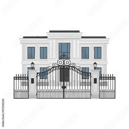 Classic Mansion Behind Ornate Wrought-Iron Gate, Flat Vector Icon