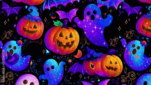Colorful Halloween decorations with pumpkins and playful ghosts create a festive atmosphere