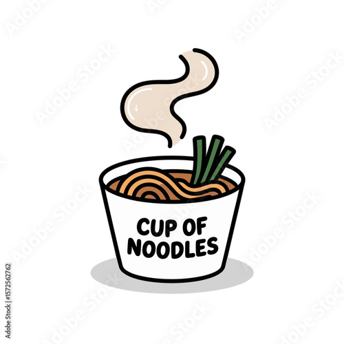  A steaming "Cup of Noodles" presented with playful, rounded lines against a white background