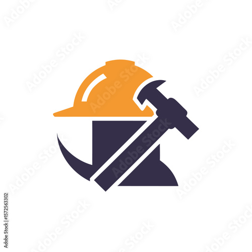 Orange hard hat with hammer and pickaxe construction