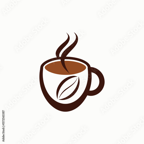 Minimalist coffee cup with steam and bean brown