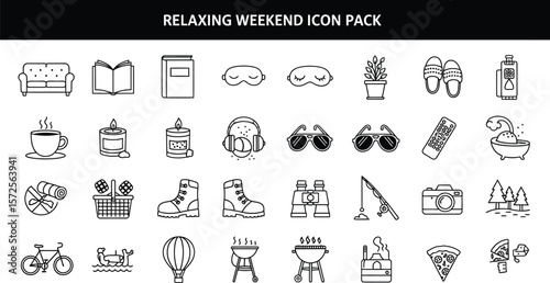Relaxing weekend icon pack featuring various leisure activities and objects