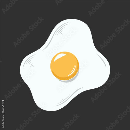 Fried egg with glossy yolk drawn in flat cartoon style on a dark background, representing breakfast or food concept