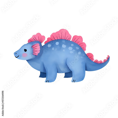 a single isolated pink and blue watercolor dinosaur with a cute smile
