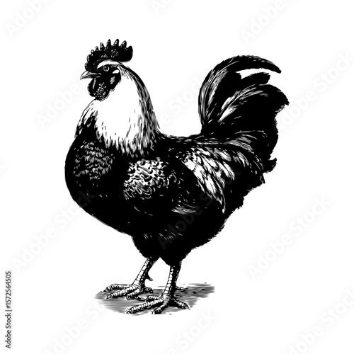 Rooster illustrated in black and white in a detailed hand-drawn engraving style, standing proudly on a clean white background, symbol of rural life