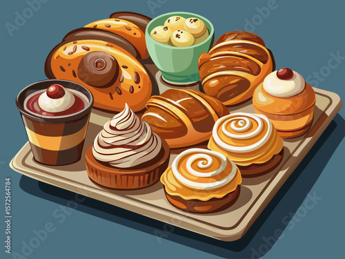 vector of Freshly baked pastries in different styles are arranged in a tray and are suitable for display or serving.
