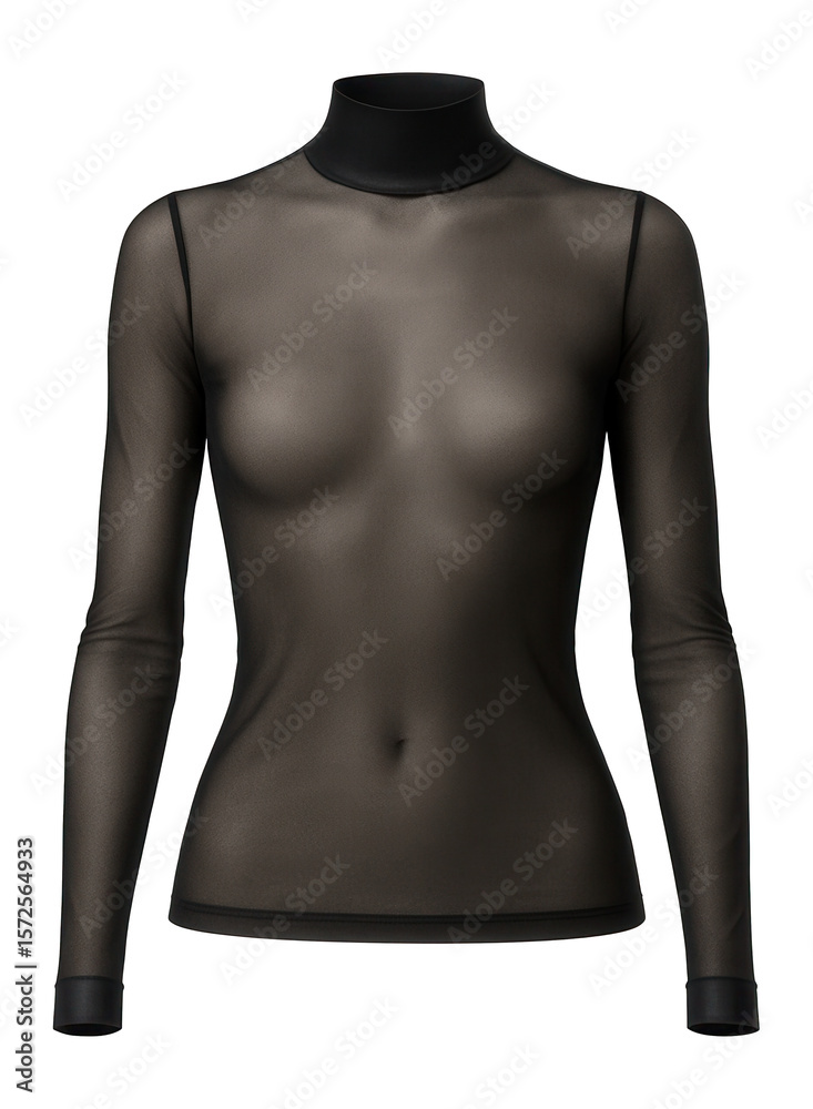 Fototapeta premium Sheer mesh long sleeve top in black with a high neck and fitted cut