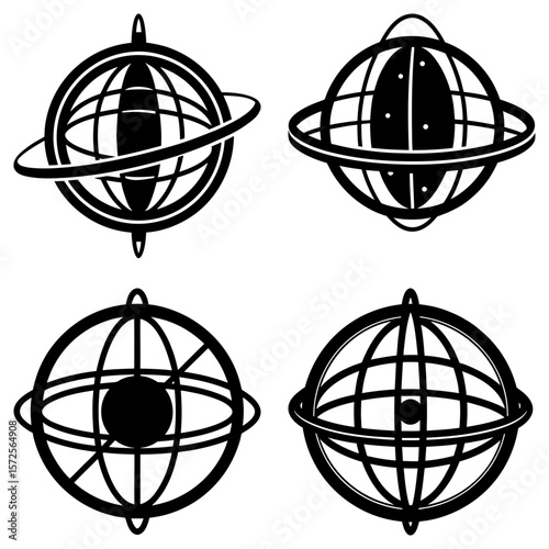 Four stylized armillary spheres with varying internal designs in a black and white graphic layout