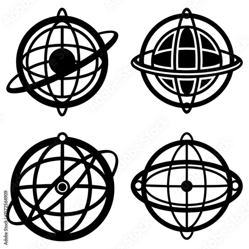 Four stylized globes with orbital rings in black and white geometric vector illustration set design