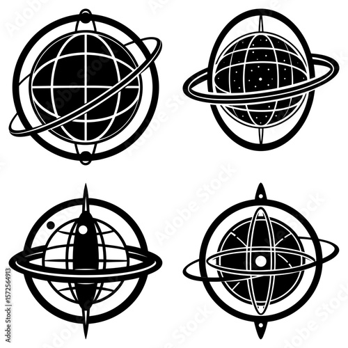 Four stylized planetary symbols with rings and globes in black and white vector illustration