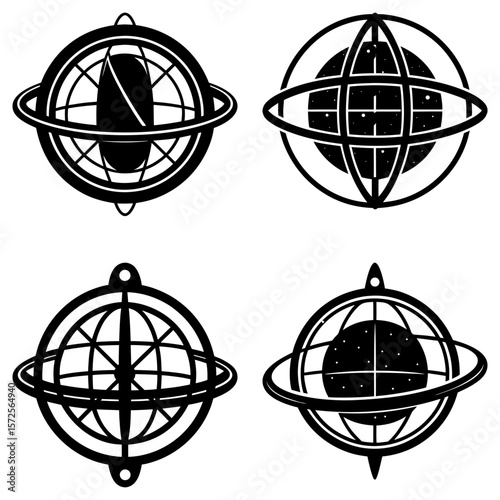 Four black and white celestial globes with rings and various interior designs displayed together nicely