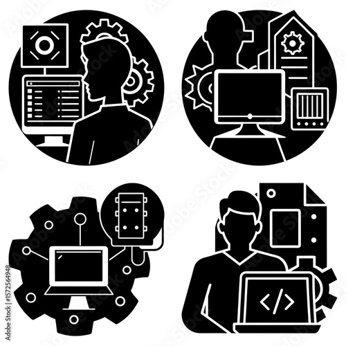 Four black and white circles showing people using computers and software development tools and processes