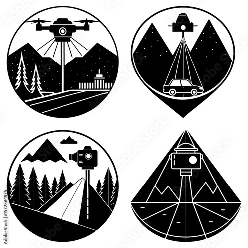 Four different vector illustrations showing drones and cameras with landscapes in a black and white style