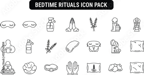 Bedtime rituals icon pack with sleep masks, lavender, and relaxation items