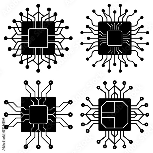 Four square shaped black computer chips with connecting lines and small circles arranged symmetrically
