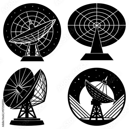 Four black and white stylized satellite dishes in various designs and circular backgrounds displayed