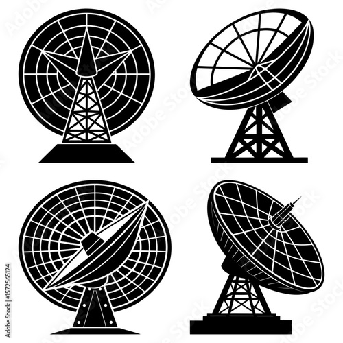 Four black and white satellite dishes with grid patterns and geometric support structures shown in silhouette