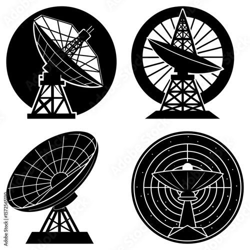 Illustration showing four different black and white satellite dishes and communication towers on a white background