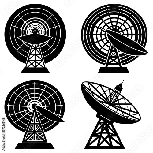 Four black and white satellite dishes with lattice towers on a white background in a vector graphic