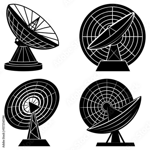 Illustration of four satellite dishes in black and white with varying designs and orientations shown together