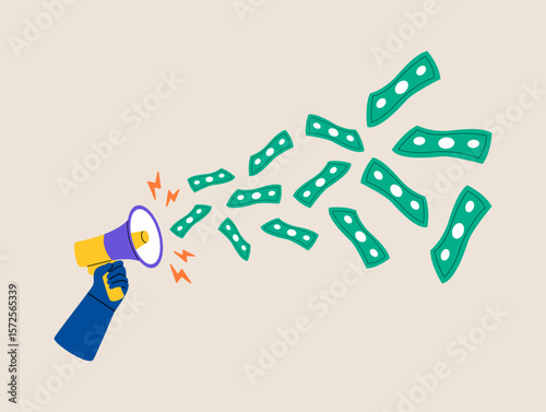Hand holding megaphone talk on money banknotes. Advertising or savings concept. Colorful vector illustration