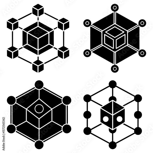 Four variations of geometric shapes featuring cubes and circles connected by lines in a black and white design