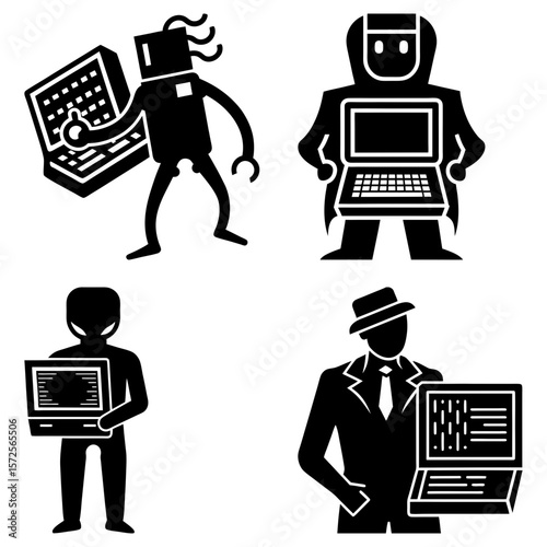 Four stylized black and white figures each holding a laptop in a different and unique pose