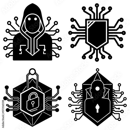 Four cybersecurity icons featuring a hacker, shield, padlock, and a figure with an arrow inside a polygon