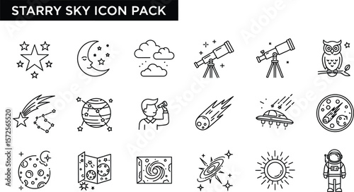 A set of black and white line art icons related to space and astronomy