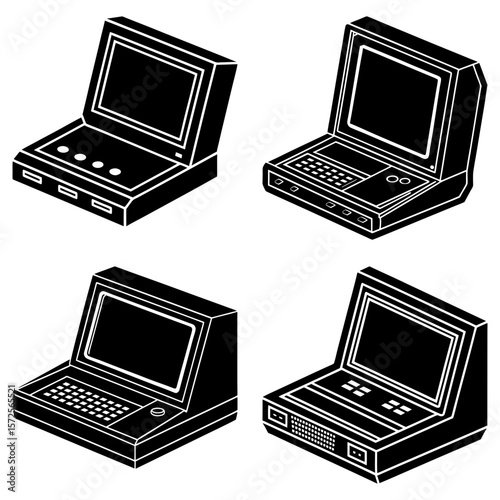 Four isometric black and white illustrations of vintage style computers with screens and various buttons