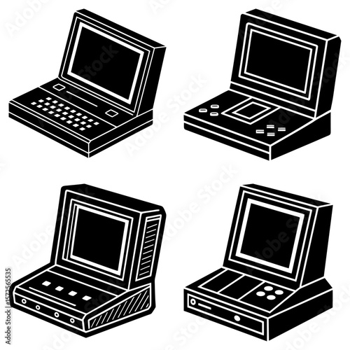 Four isometric illustrations of retro style portable computers and gaming devices in black and white