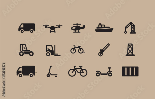 Collection of black transportation and industrial icons on a beige background including vehicles and machinery