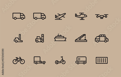 Collection of simple outline icons representing various modes of transportation and logistics on a beige background