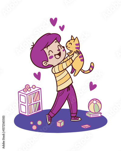 Joyful cartoon girl in a pink dress with a birthday gift box, smiling with anticipation during a holiday celebration