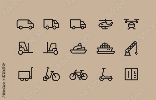 Collection of modern outline icons representing various modes of transportation and logistics on a neutral background