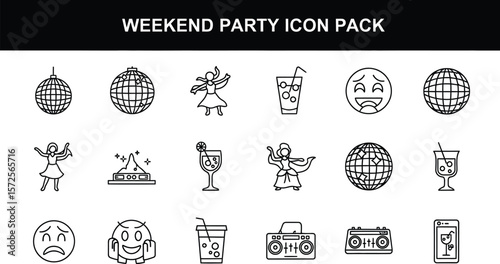 A collection of black and white line art icons related to a weekend party