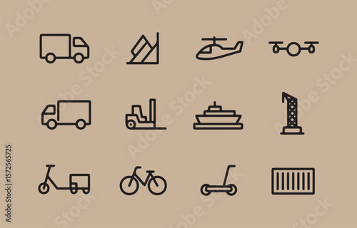 Set of twelve modern line art icons representing various modes of transportation and logistics on a beige background