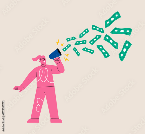 Woman talk on megaphone money banknotes. Advertising or savings concept. Colorful vector illustration