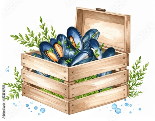 Fresh Mussels In Wooden Crate Watercolor Illustration