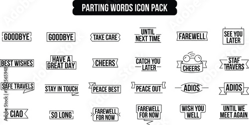 Collection of parting words icon pack with farewell messages and greetings
