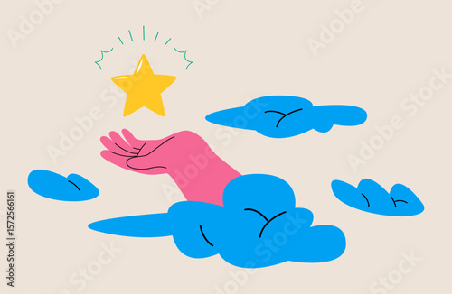 Concept of striving for success. Hand is trying to reach star. Colorful vector illustration